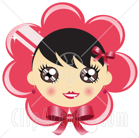 31819-Clipart-Illustration-Of-A-Pretty-Black-Haired-Girl-With-Blushed-Cheeks-On-A-Pink-Flower-Or-Bonnet-Background-With-A-Bow